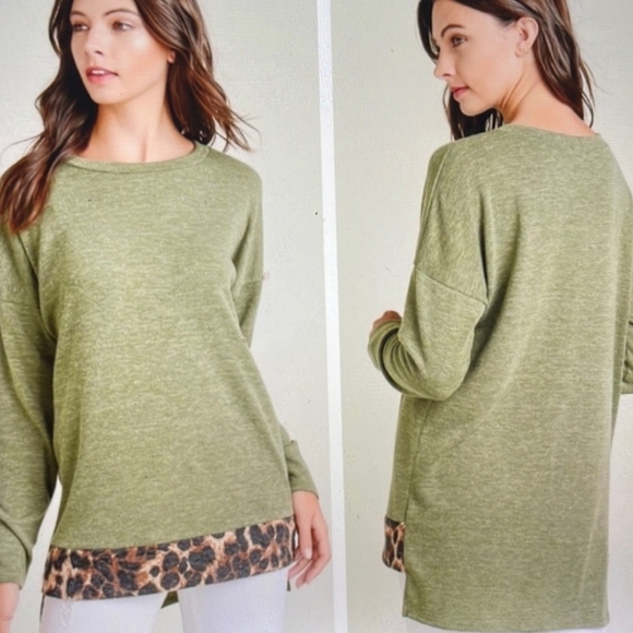 Green with leopard panel long-sleeved  shirt - Picture 1 of 4
